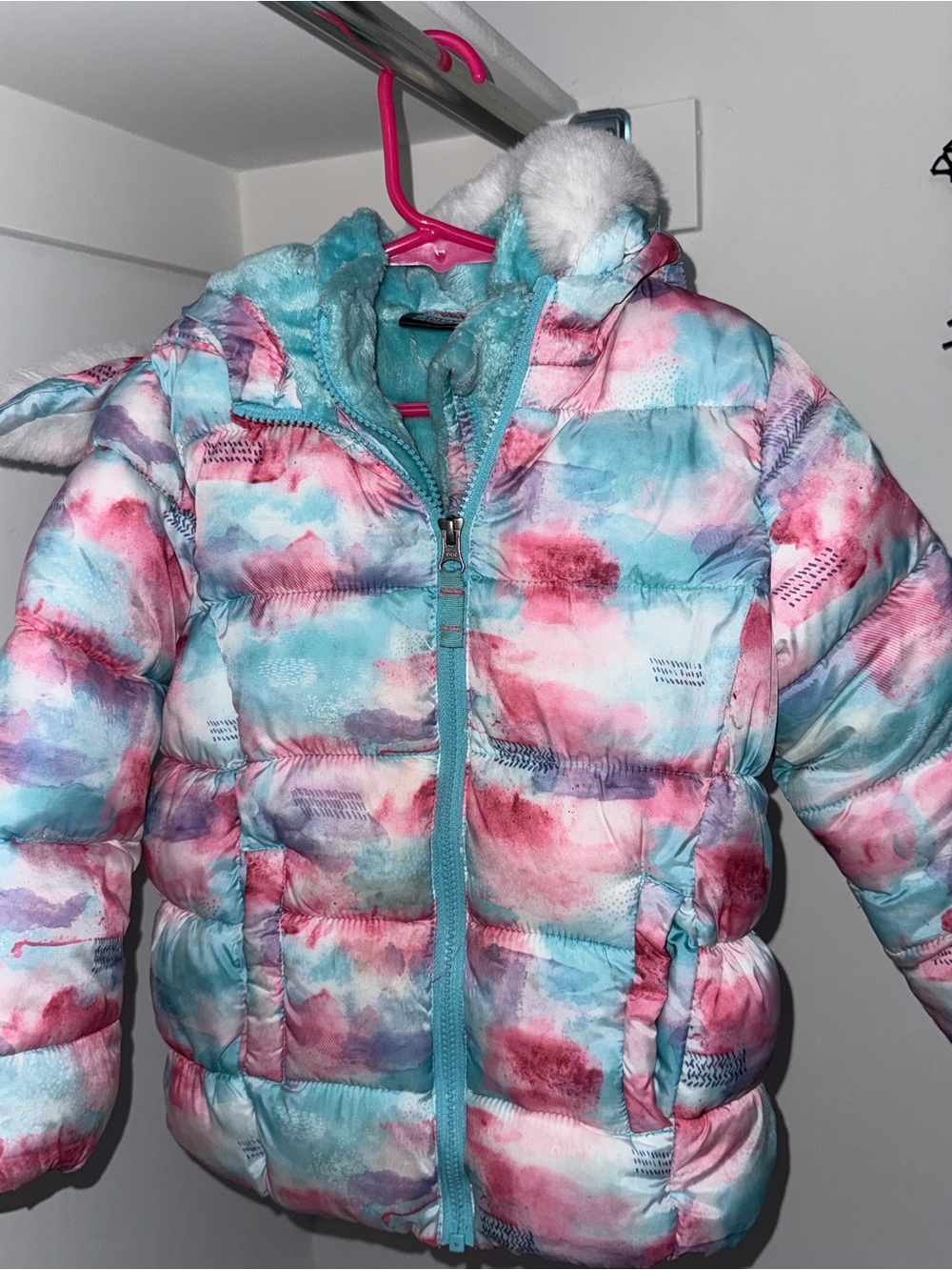 The Children's Place Girls' Watercolor Puffer Jacket in Blue & Pink